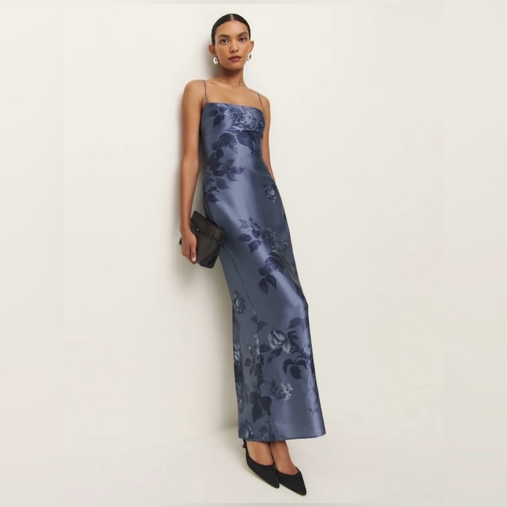 Reformation Frankie Trieste Border Blue Floral Maxi Dress